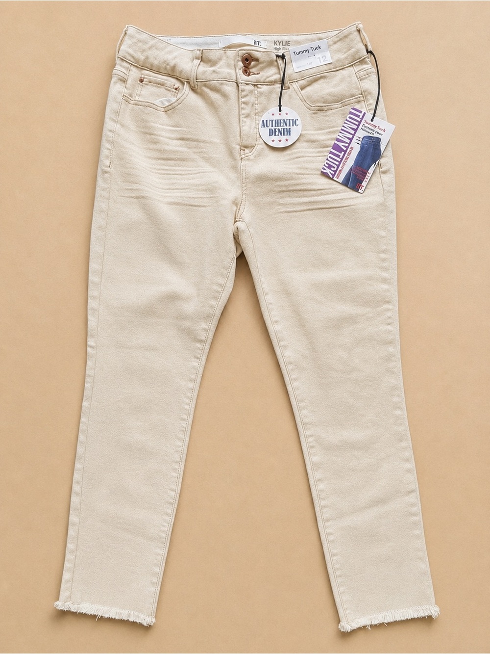 !iT Kylie High Rise Curvy Skinny Ankle Jeans Cream Tummy Tuck Size 12